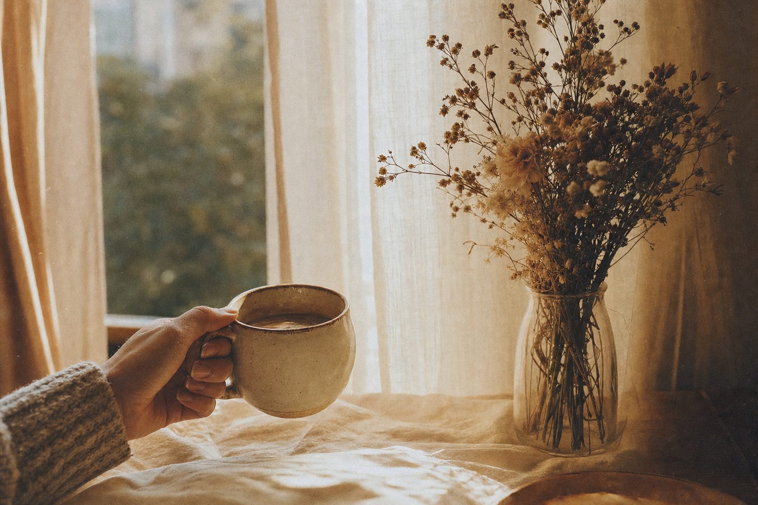 A hand holding a warm mug by a sunlit window with dried flowers