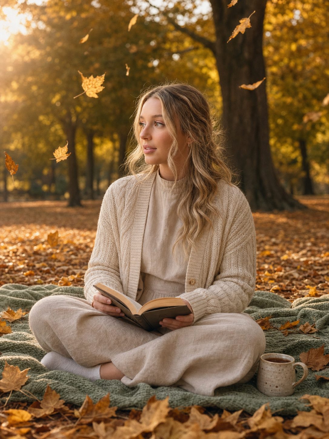 Sophia sitting on a sage green blanket in an autumn park with a book and mug