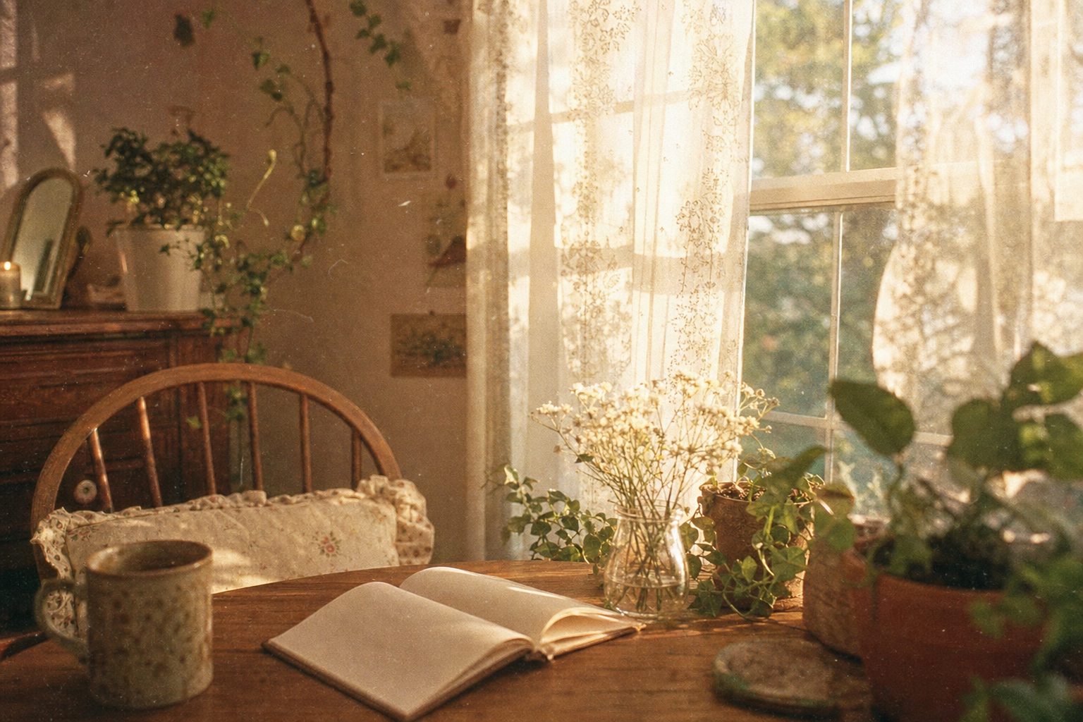 A cozy sunlit room with sheer curtains and an open notebook
